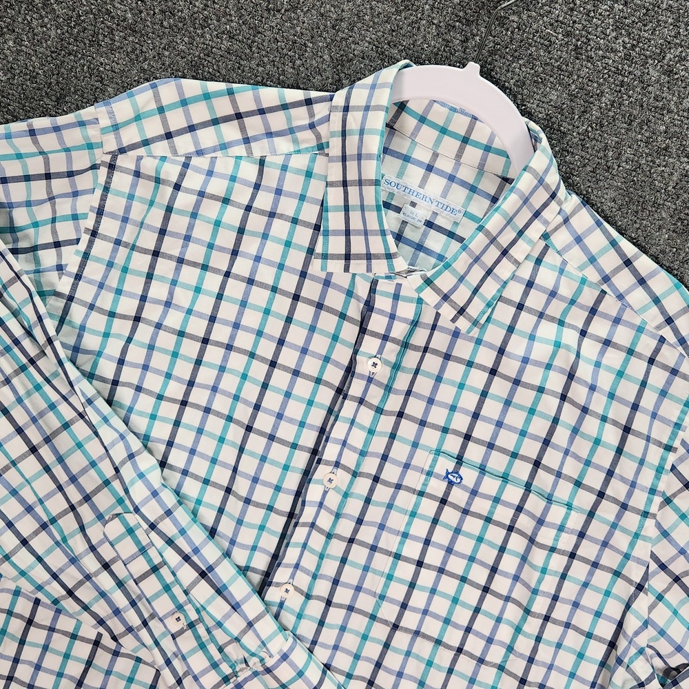 Southern Tide Mens Large Classic Fit - White Blue Check Long Sleeve Button Down